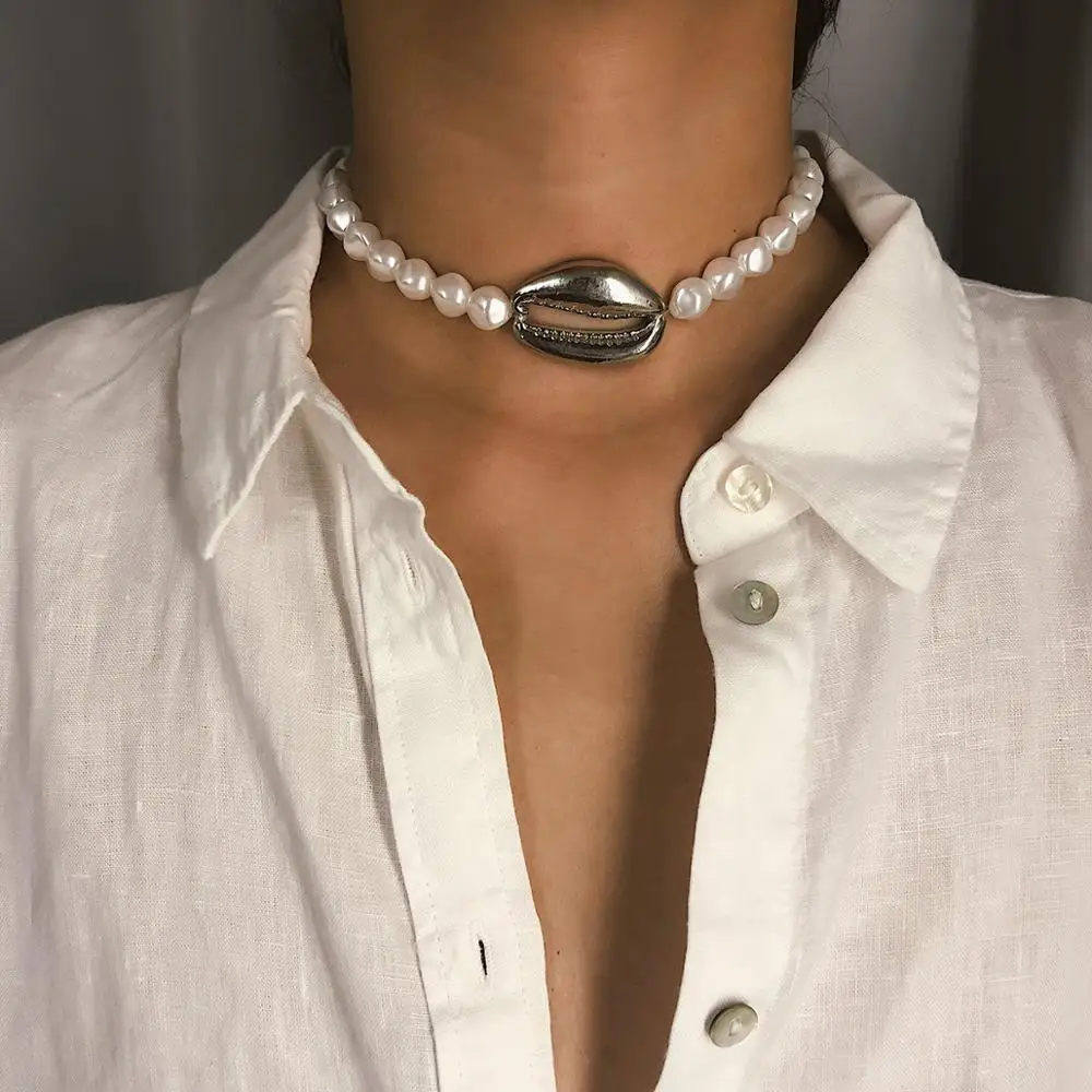 

Bohemian Big Shell Pendant Choker Necklace Sexy Trendy Cowries Seashell Pearl Chain Necklace (SK519), As picture