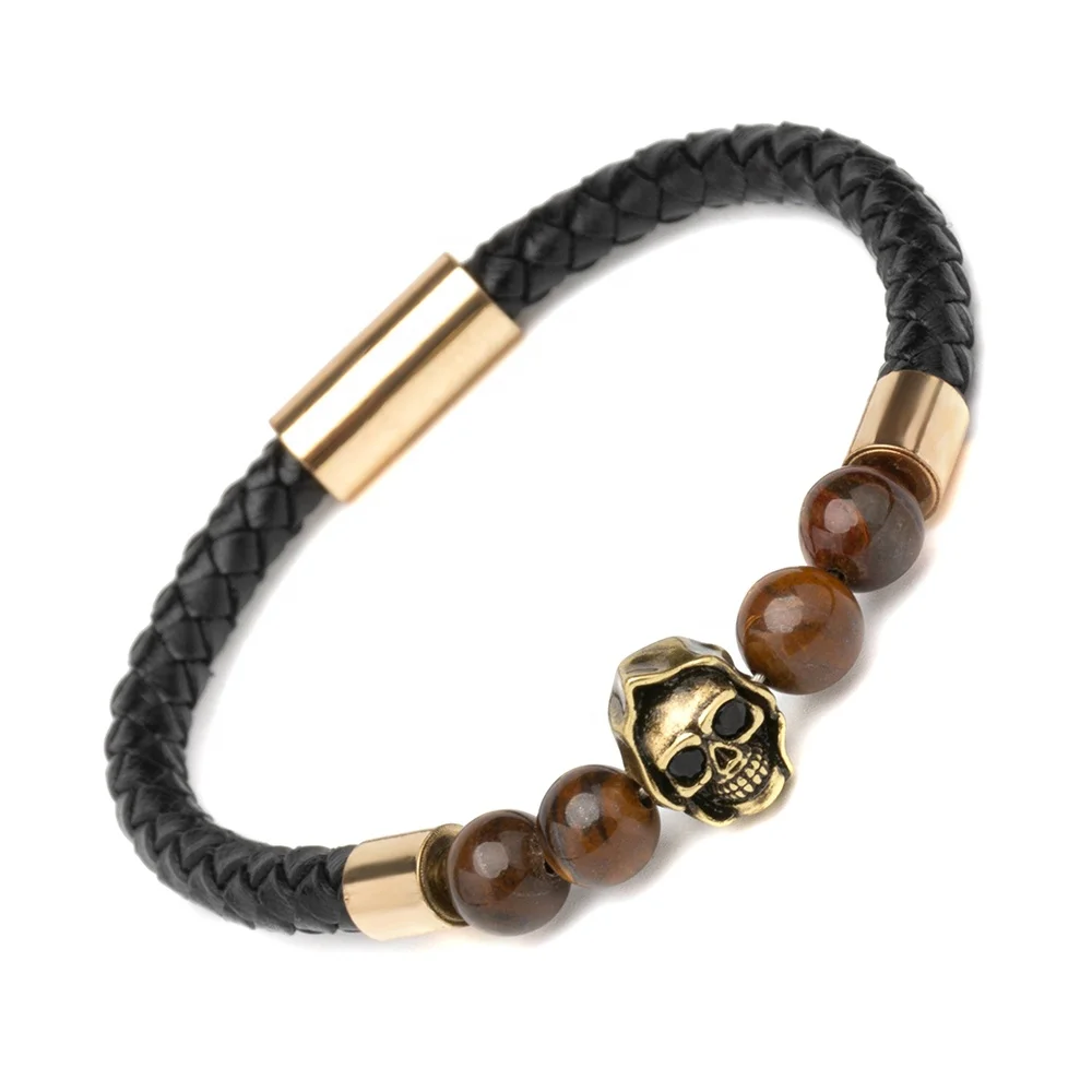 

Wholesale men jewelry skull beaded leather wrap leather bracelet, Gold;steel color