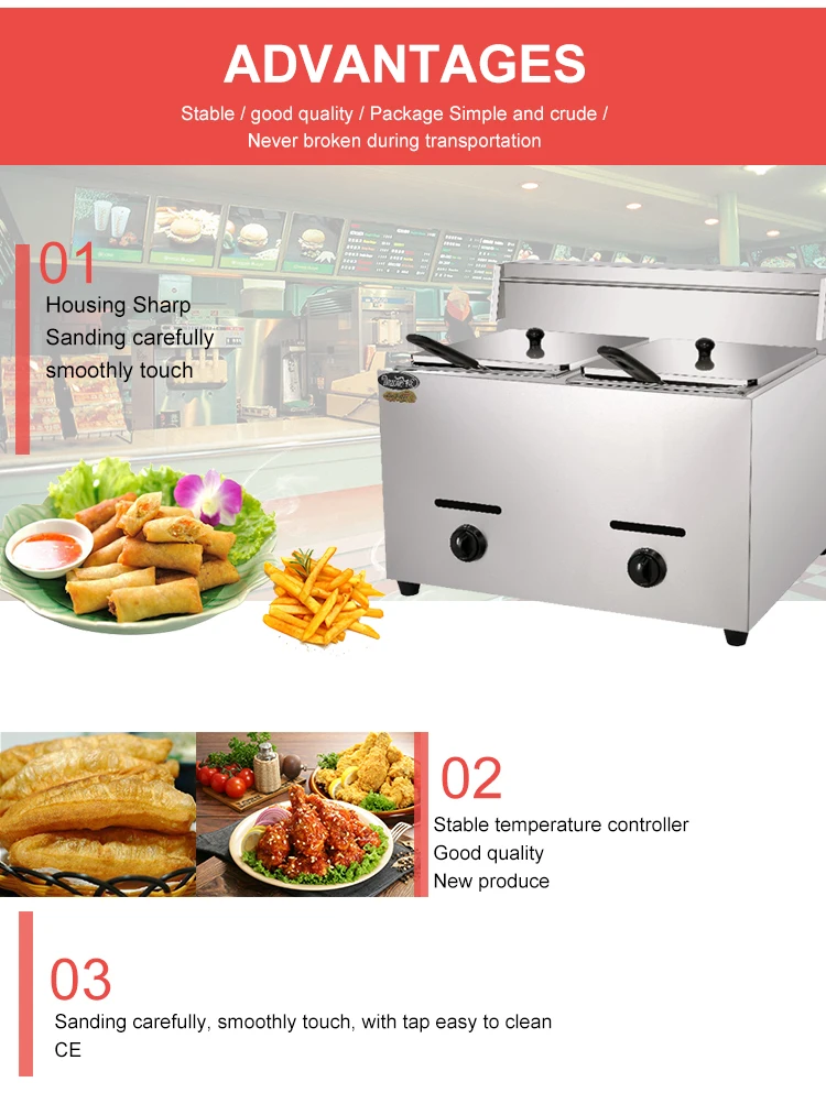 CE Approved High Quality Stainless Steel Industrial Deep Fryer 2*6 L Commercial Potato Chips Gas Fryer Machine