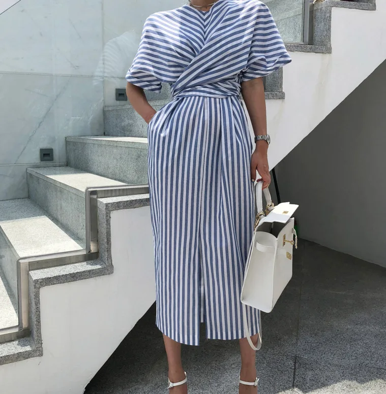 Korean Women Summer Cotton Blue Striped Bandage Split Long Dress