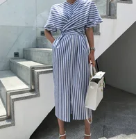 

Korean Women Summer Cotton Blue Striped Bandage Split Long Dress