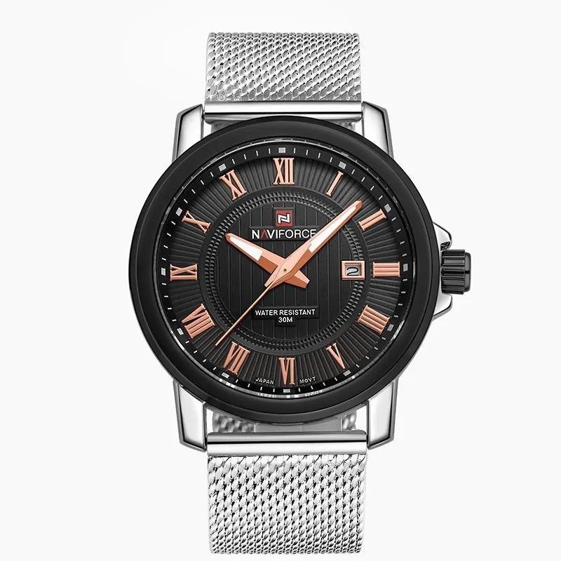 

NAVIFORCE Luxury Brand 9052 Men's Quartz Watch Casual sport Wrist watches Stainless Steel Strap Silver mesh band Date waterproof