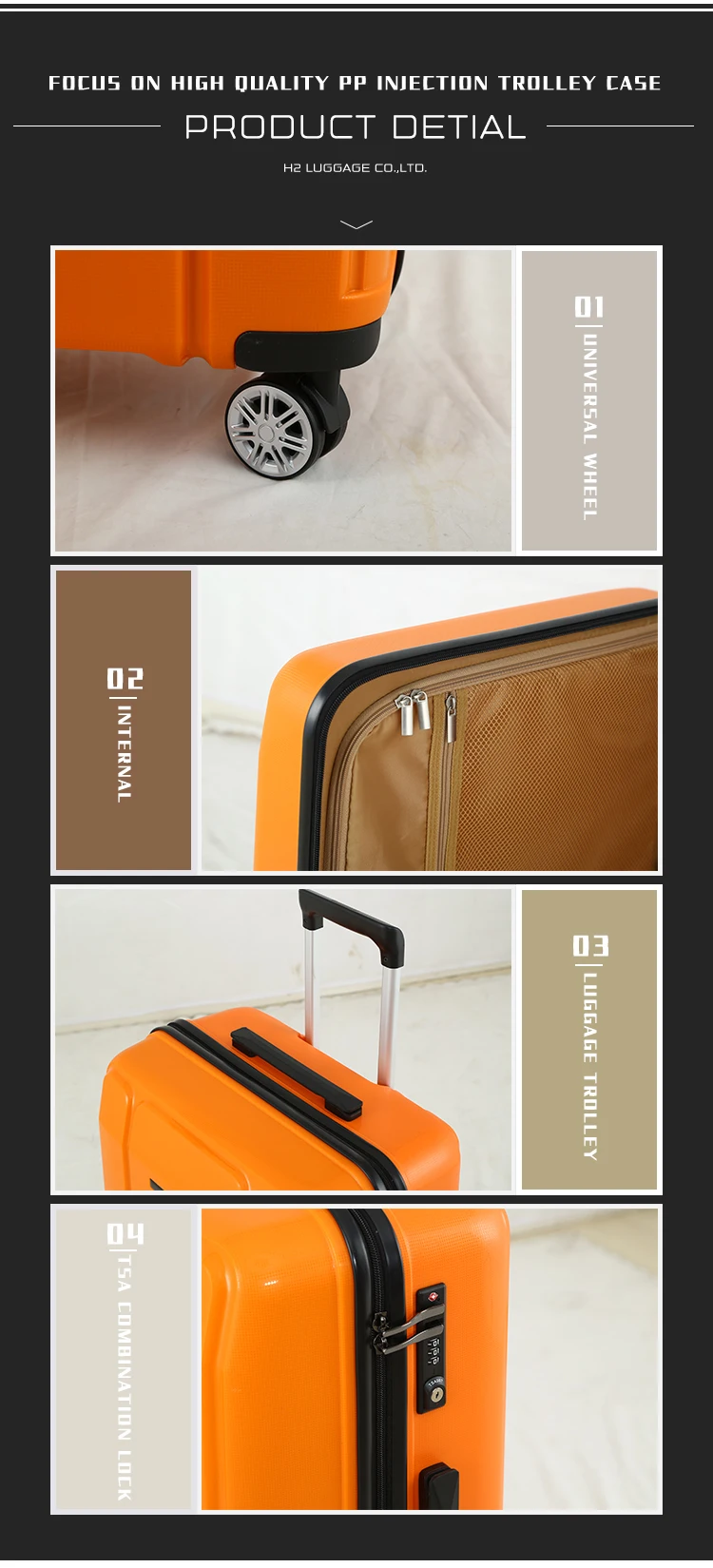 H2 Luggage design  PP travel trolley luggage bag the gentleman windsuitcases set 3 pcs