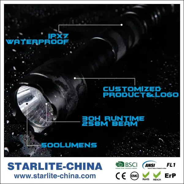 
STARLITE aluminum alloy high brightness T6 500LM self defence flashlight 