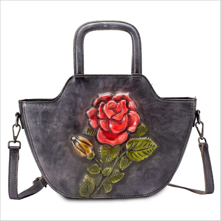 

2019 New Arrivals Design Brush Color Embossed Rose Pattern Genuine Leather Woman Bags Luxury Brand Handbags