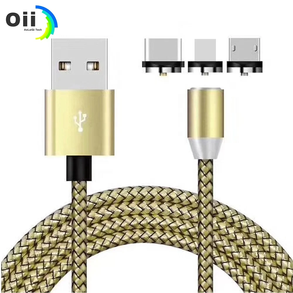 

High Speed Strong Magnetic Nylon Braided 3 in 1 Data USB Cable for iPhone Type-C Micro, Black/silver/gold/pink/rose gold