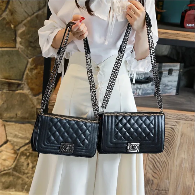 

New Classy Women Quilted PU Leather Chain Lady Shoulder Bag, Black