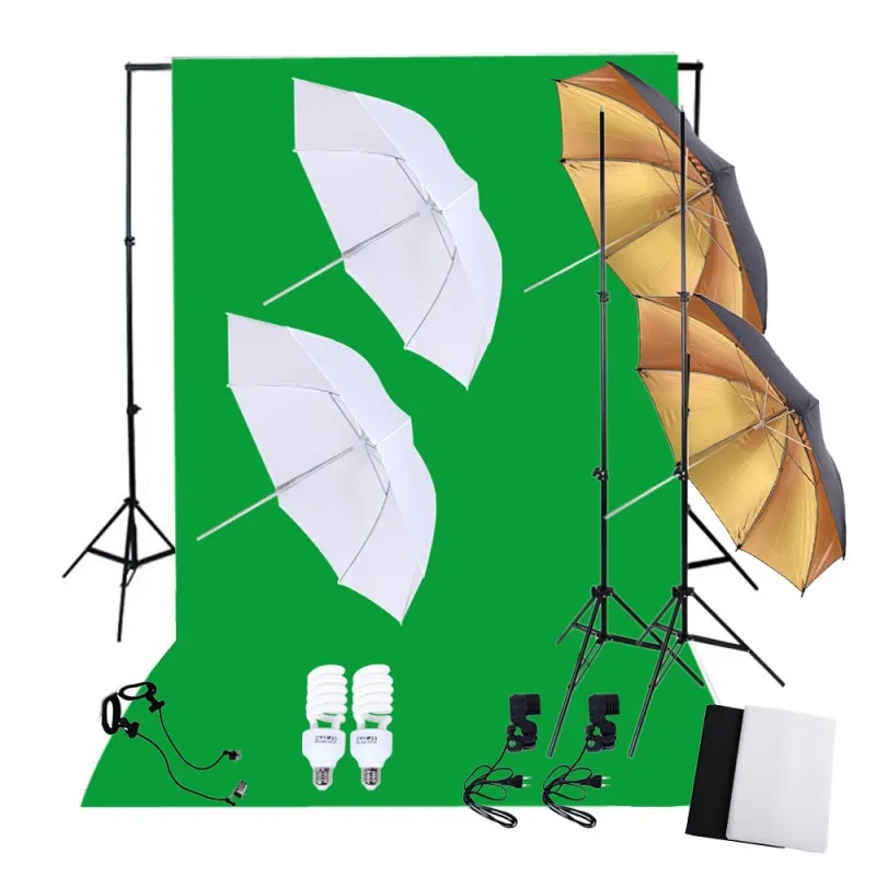 Professional Photo Studio Lighting Kit 45W 5500K Bulbs Light Stands Black White Green Fabric Back Soft Reflector Umbrellas