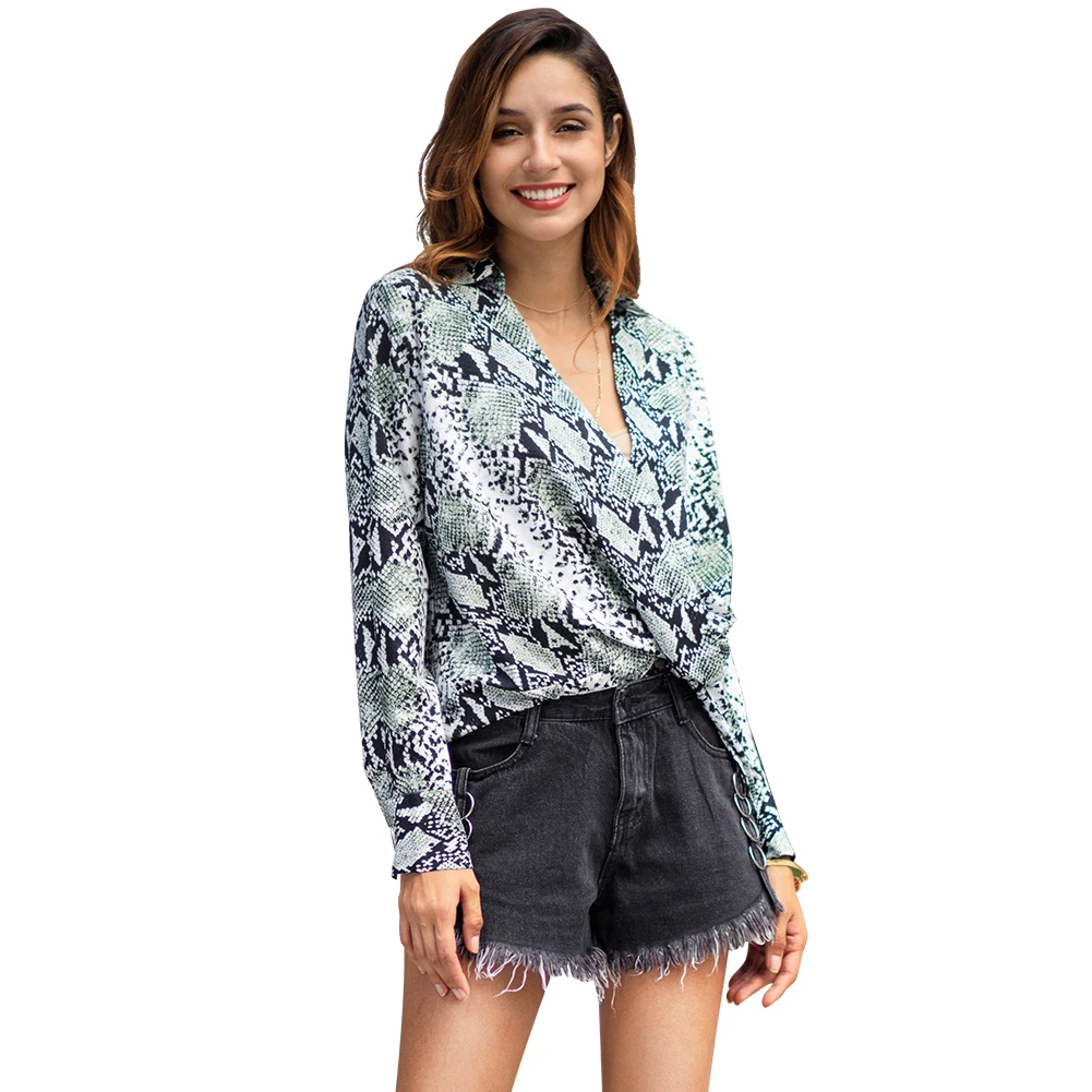 

YILEYA 2019 New customized women v neck snake print top shirt long sleeve blouse, As photo shown or customized
