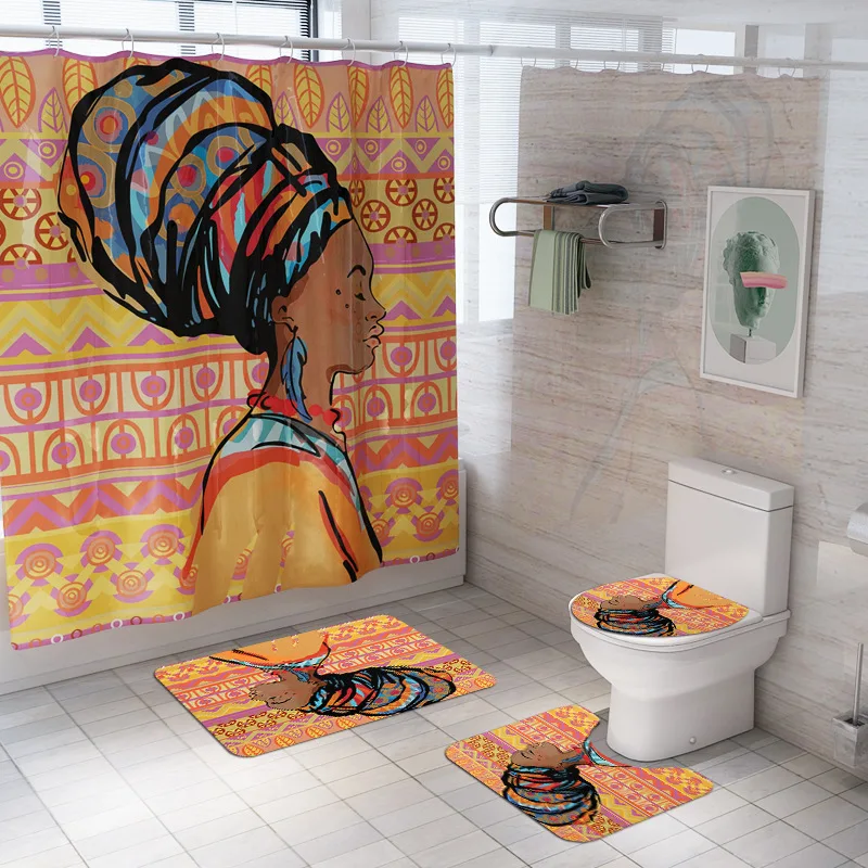 African Women Printing Toilet Pad Cover Bath Mat Set  Four-Piece Shower Curtain