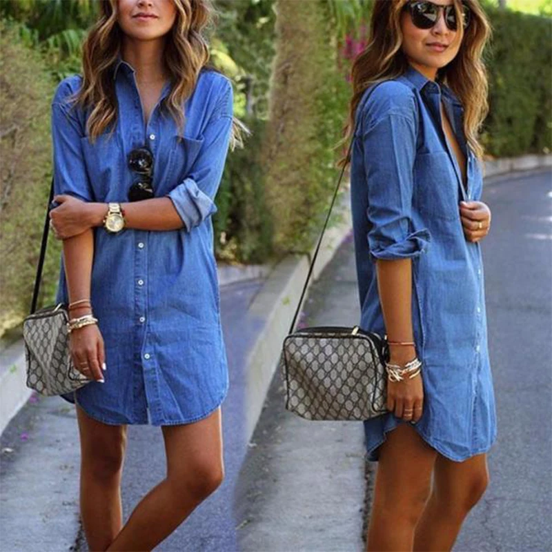 

Ladies Newest Casual Denim Dress Pockets Elegant Cowboy Womens Jeans Dress