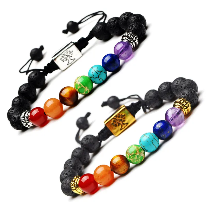 

7 chakra bracelet lava stone bracelet tree of life bracelet for women men, Silver & gold