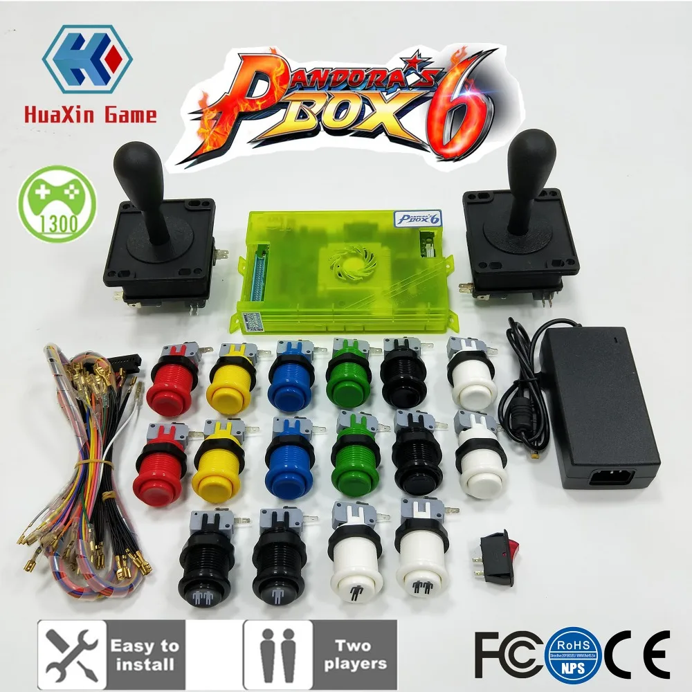 

2 Player DIY Arcade Kit Pandora box 6 1300 in 1 Home game board and American joystick HAPP Style Push Button for Arcade Machine, Red;yellow;grenn;white;blue