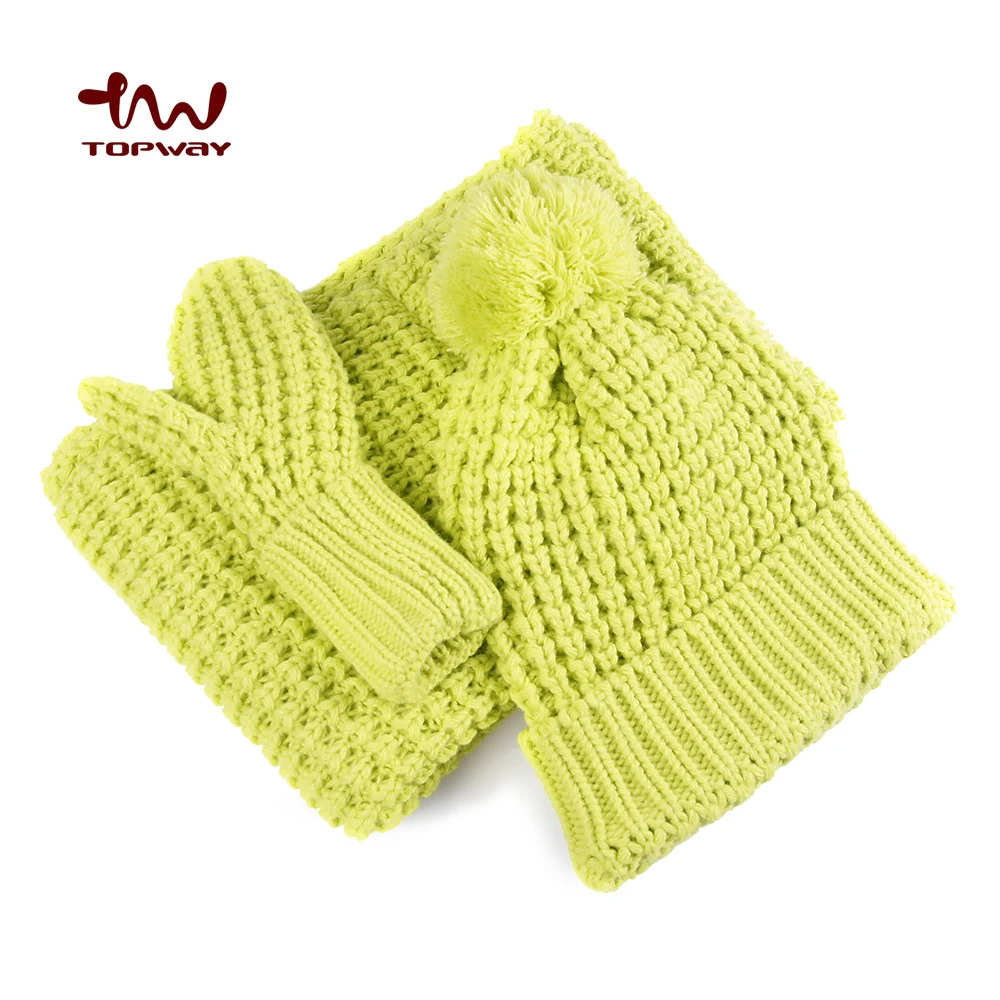 Wholesale Fashionable 3 Pieces Wool Winter Knitted Crochet Cuff Hat Scarf and Gloves Set For Women