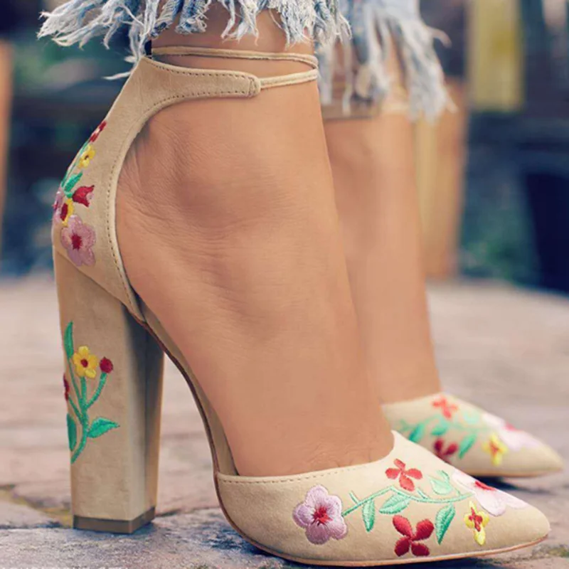 floral embroidered pointed toe chunky heeled sandals