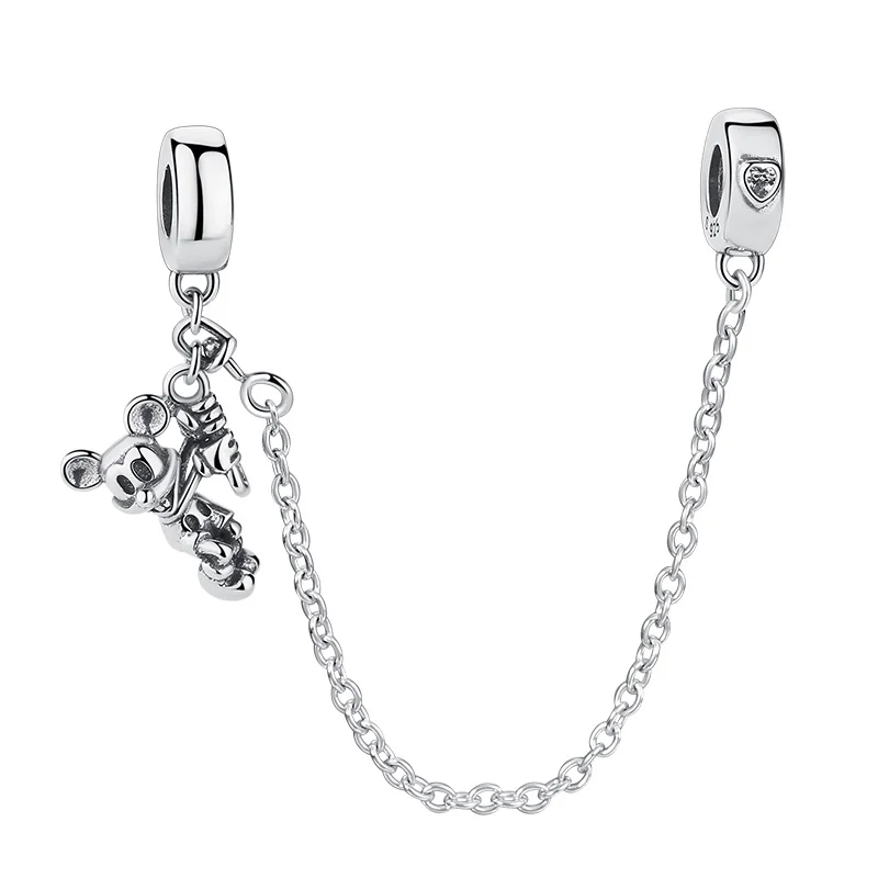 

100% 925 Sterling Silver Chain Charm Safety Chain with Mouse-Shape Charm Beads Fit Original Bracelet Jewelry Making