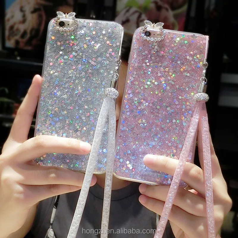 

Glitter bling Rhinestone soft silicone phone case for iphone 7 8 plus X 6s Plus sparkly diamond with crystal lanyard cover shell