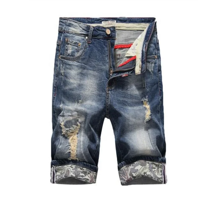 

Summer Hole Men's Slim Denim Shorts Fashion Elasticity Casual Old Ripped Jeans Short Male Five pant