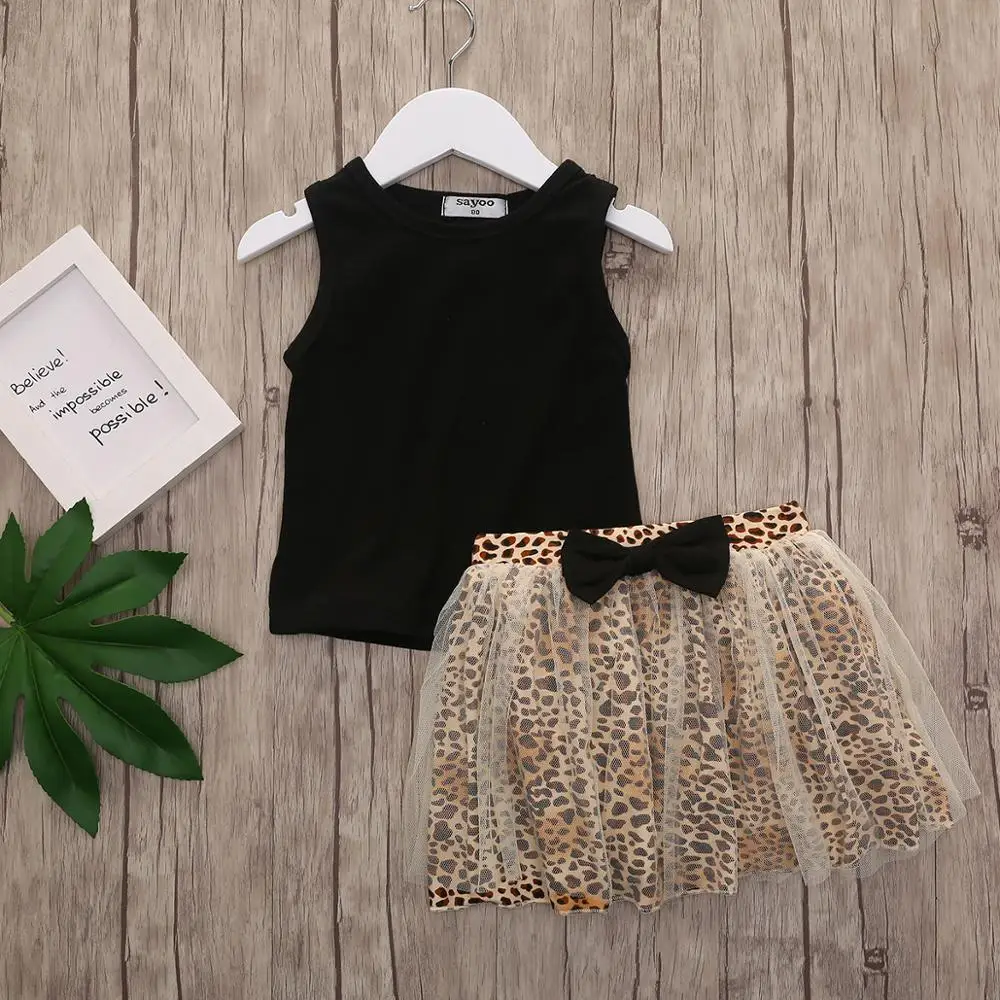 

Kids Girl Summer Clothing Set Black Tank Top and Brown Leopard Tulle Skirt 2 Pcs Toddler Girl Outfit Children Fashion Clothes, Black brown