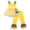 Kids clothes girls owl pattern dresses stripe yellow ruffle pants boutique children clothes set for Thanksgiving