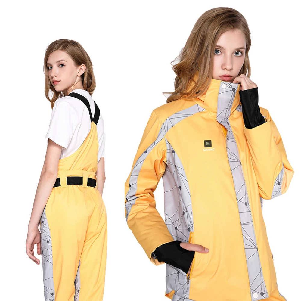 

2018 High Windproof Heating Tech Professional Women's Ski Suits Jacket Pants Heated Snowboard Suit, Yellow