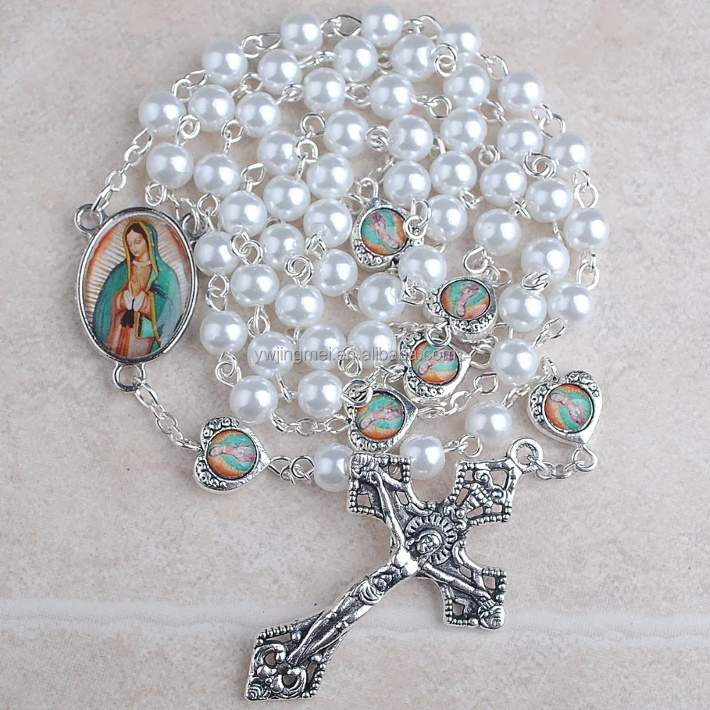

6mm Pearl Beads with Our Lady of Guadalupe epoxy image Catholic Rosary Necklace