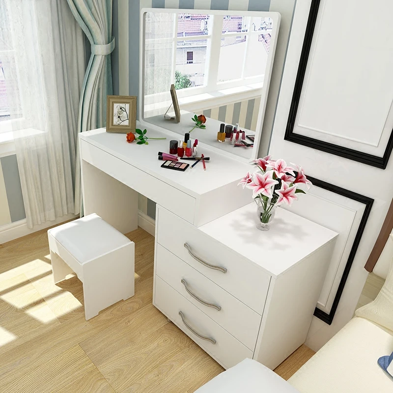 
Vanity Makeup Table Wood Stool Dressing Table Mirrored Modern Dresser with Mirrors 