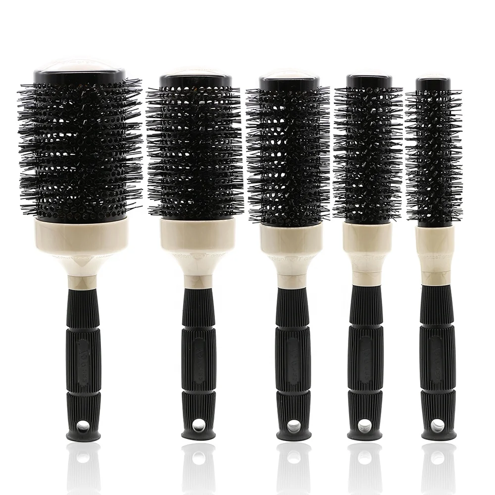 

Professional Hairdressing Nylon Round Comb Ionic Hair Brush With Soft Rubber Handle