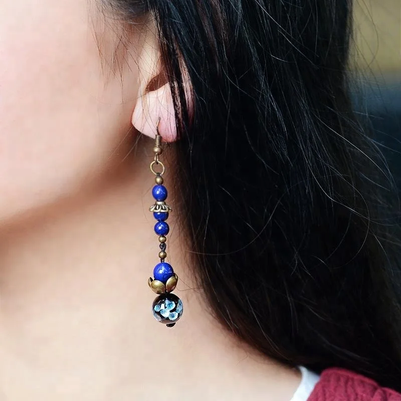 

New Original handmade glass glazed dangle earrings blue