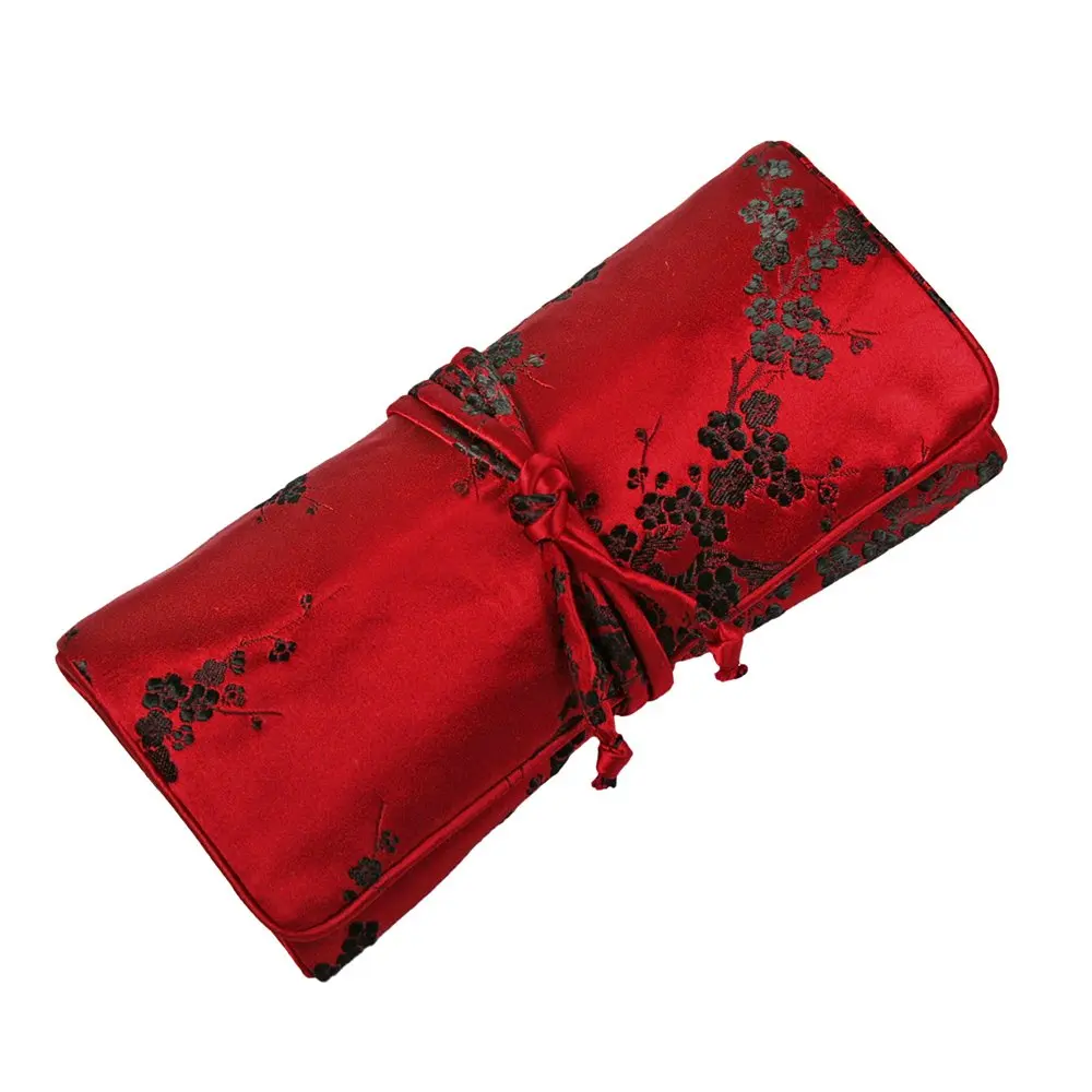 女士中国风格丝绸提花旅行首饰卷离合器宝石存储袋珠宝首饰组织者