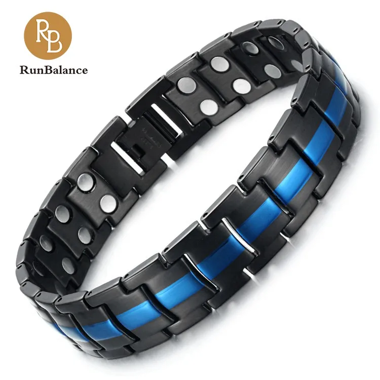 

RunBalance Mens Stainless Steel Magnetic Therapy Bracelet Double Strong Magnets Arthritis Pain Relief, Black&Blue, Silver and gold;two tone