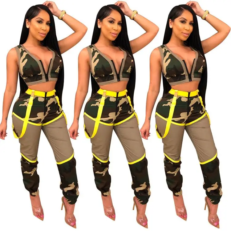 

0719M087 professional short sleeve camouflage zip up shorts jumpsuit set for woman two piece