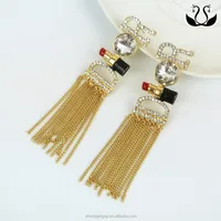 

Hot Selling 5.3cm Letters Inlay Crystal Long Tassel Vintage big elegant gold earrings designs