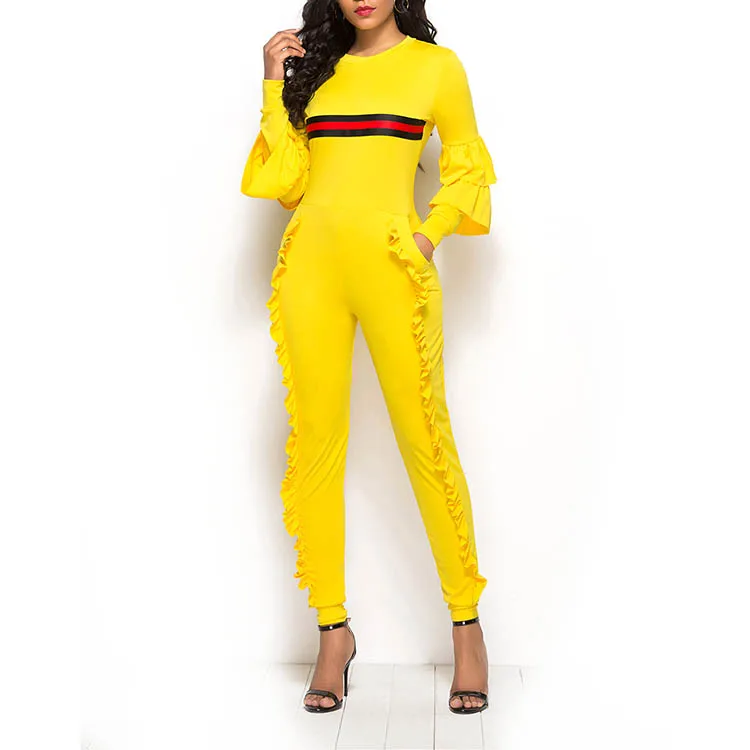 

LIULE 2018 Latest Design O Neck Ruffle Sleeves Fitness Sexy Girls Women Wearing Jumpsuit, As photo shown or customized