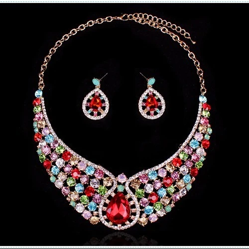 

Retro Rhinestone Crystal Necklace Stud Earring Set For Women Party Gift Wedding Bridal Costume African Indian Jewelry sets, 5color