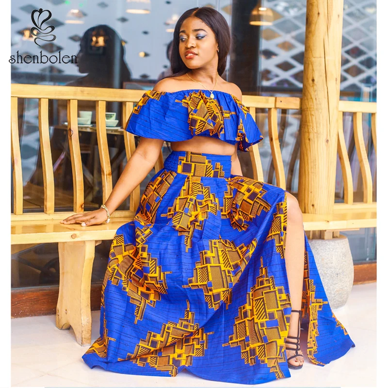 

2019 Unique Design African Custom Wax Print Off Shoulder Top with Maxi Skirt Ankara Fashion Women 2 Pieces