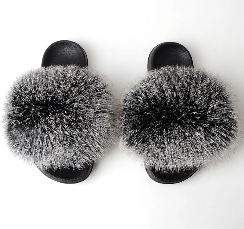 

Stable Quality Fox Fur Soft Sandals Women Slippers Natural Color Fox Fur Slides Wholesale Slippers, Picture