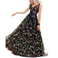 

Women's Formal Dress Black Tulle With Flower Embroidery Evening Dress Backless See-through Party Dress