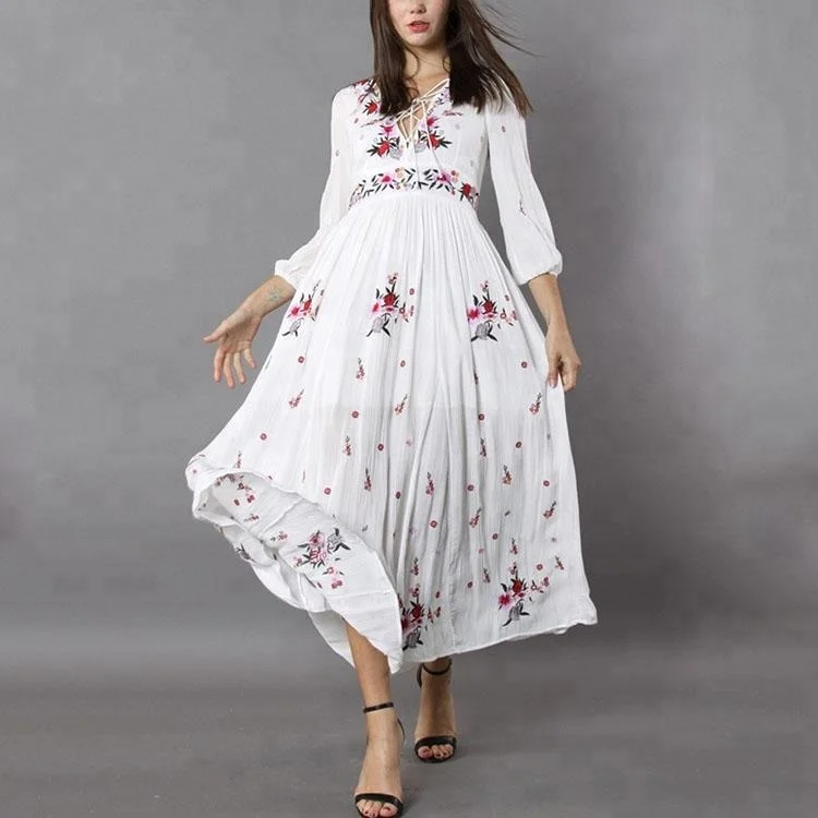 Summer Boho Style Long Sleeve Lace-up Print Floral Maxi Long Dress ...