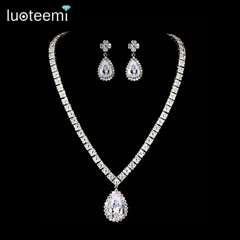 

LUOTEEMI Luxury Women Noble Jewelry White Gold plated Top Quality Cubic Zirconia Bridal Jewelry Set
