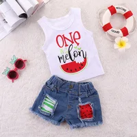 

Toddler Girl Summer Cotton White Letters Tank Top and Distressed Jean Shorts Kids Outfit Set Summer Baby Clothing Set