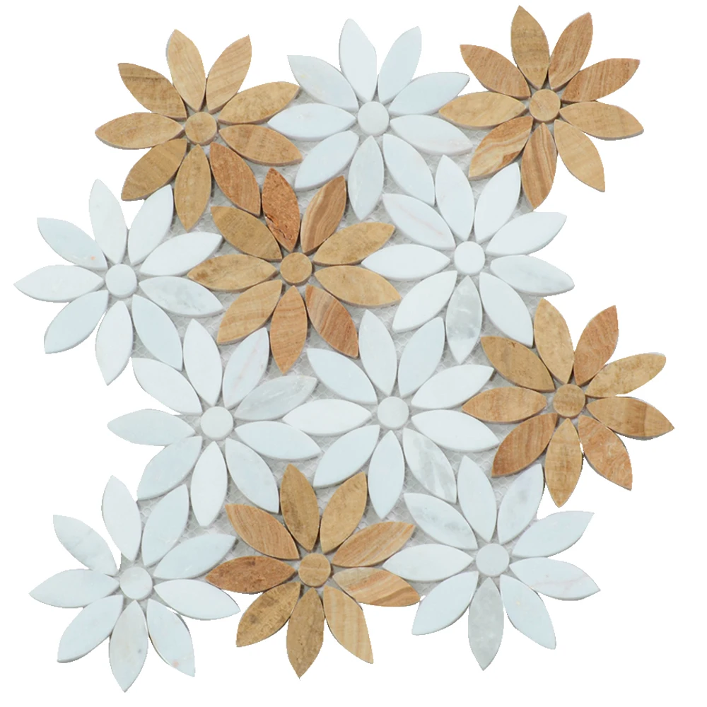 artistic floral loose white marble waterjet mosaic tile backsplash