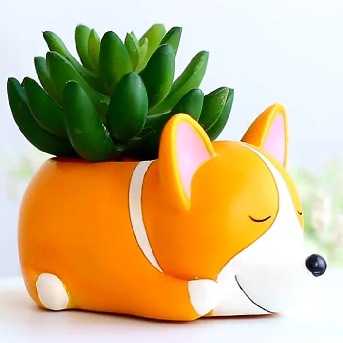 

ROOGO Novelty Cute Resin Sleepy Puppy Corgi Husky Schnauzer Animal Succulent Flower Pots Plant Box Home Decor Items, Picture