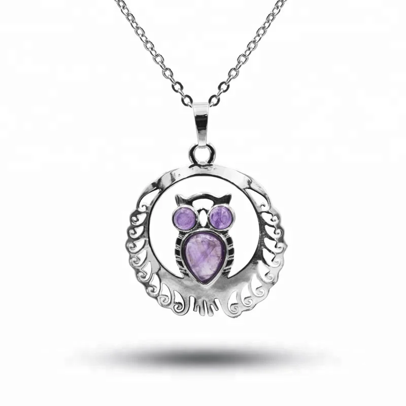 

Natural Amethyst Gemstone Animal Pendant Luxurious Silver Necklace Platinum Plated Owl Cute Jewelry, Purple amethyst necklace