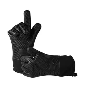 Image of Easy Clean Black Silicone BBQ Cooking Gloves Set Rubber Gloves With Cotton Lining Heat Resistant Silicone BBQ Gloves