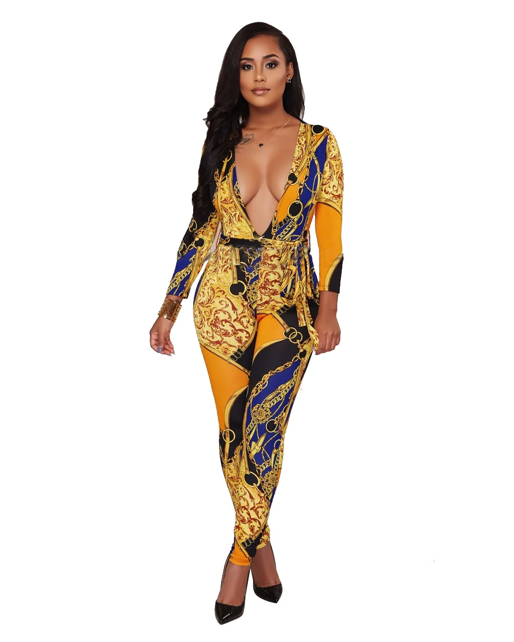 S8776 Long Sleeve V Neck Sexy One Piece Print Catsuit For Women Buy