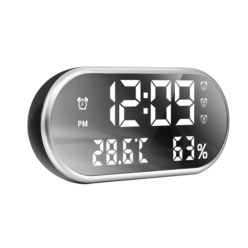 

Modern design oval mirror face digital LED desk usb alarm clock car clock with thermometer and hygrometer, White / black