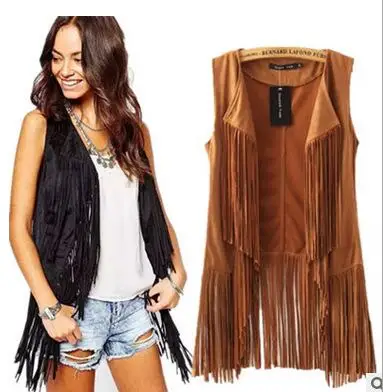 

Faux Suede Tassel Fringed Cardigan Vest, Black;brown