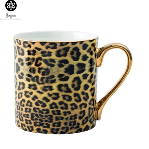 Image of Bone China Material Leopard Full Wrap Printing Coffee Mug with Gold Handle