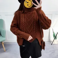 

cheap turn-down collar jacquard short front back long split women sweater
